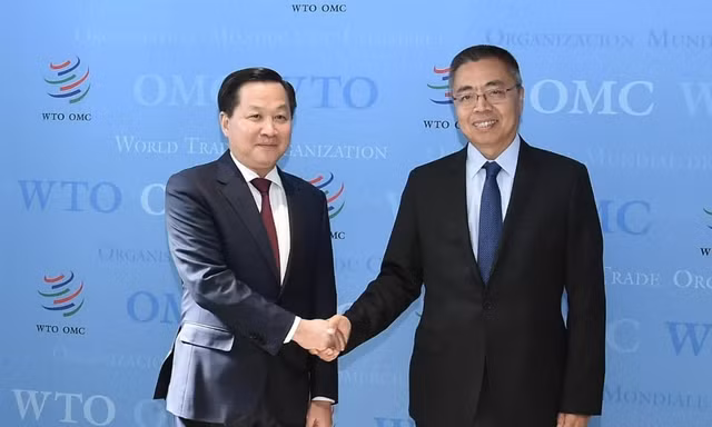 Phó Thủ tướng Lê Minh Khái và Phó Tổng giám đốc WTO Trương Hướng Thần. (Ảnh: BNG)