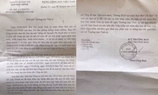 Công văn 616 của Ban Nội chính Tỉnh ủy Quảng Trị gửi Thường trực Tỉnh ủy Quảng Trị. để báo cáo và xin ý kiến chỉ đạo xử lý việc bà Nguyễn Thị Tuyết Mai (công tác tại Công an tỉnh Quảng Trị) có dấu hiệu tham nhũng 898,997 triệu đồng.