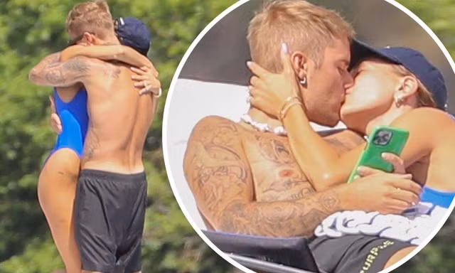 Hailey mặc áo tắm khoét hông táo bạo, ôm hôn ông xã Justin Bieber nồng cháy