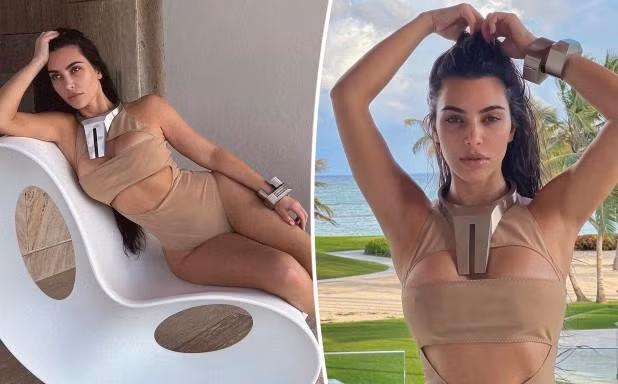 Kim Kardashian khoe thân hình ‘đồng hồ cát’ nóng bỏng với áo tắm cắt khoét
