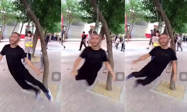 Người đàn ông treo cổ lên cây, tập thể dục theo cách không tin nổi