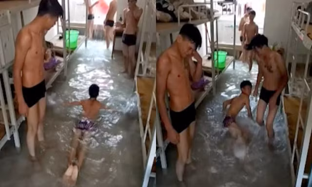 Nam sinh bơm nước ngập kí túc xá... để bơi cho mát