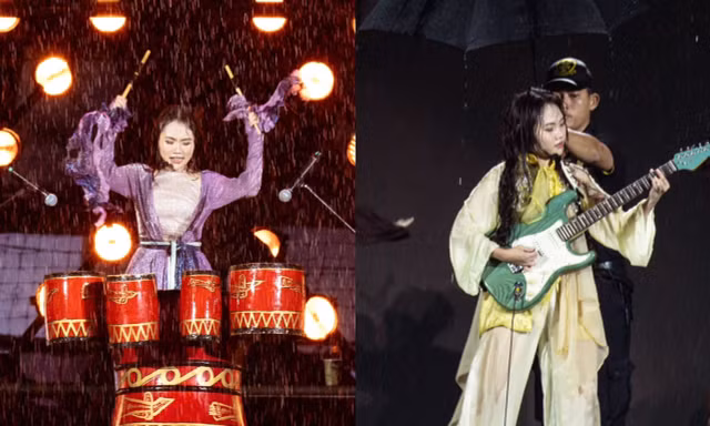 Phương Mỹ Chi đánh trống, chơi guitar giữa trời mưa trong "School Tour"