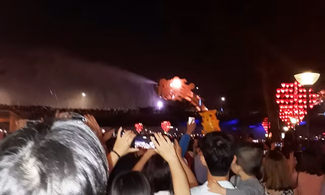 Du khách xem cầu Rồng phun nước, phun lửa. 