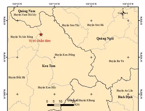 Ví trị nơi xảy ra trận động đất mới nhất ở huyện Kon Plong, tỉnh Kon Tum. 