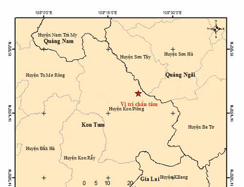 Hai trận động đất liên tiếp ở Kon Tum và Quảng Nam
