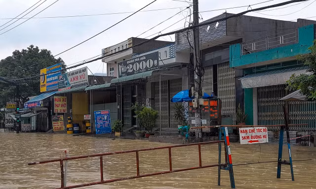 Tuyến QL 1 đoạn qua phường Trần Quang Diệu (TP Quy Nhơn) ngập sâu trong nước lũ. Ảnh: Trương Định