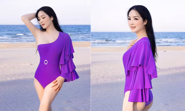 Hoa hậu Đền Hùng Giáng My mặc áo tắm màu tím Huế, khoe dáng nóng bỏng ở tuổi 51 khiến fan trầm trồ