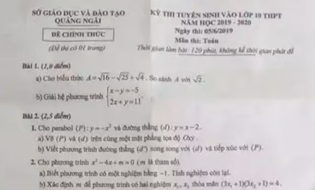 Quảng Ngãi: Đề Toán tuyển sinh lớp 10 có 2 bài giống một đề thi thử?
