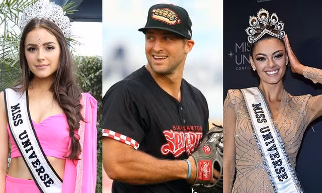 Tim Tebow (giữa) đang hẹn hò với Hoa hậu Hoàn vũ 2017 Demi-Leigh Nel-Peters (phải) sau khi chia tay với Hoa hậu Hoàn vũ 2012 Olivia Culpo (trái) được 2 năm.
