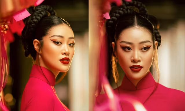 Hoa hậu Khánh Vân diện áo dài đỏ rực rỡ, gửi gắm lời chúc Tết tới người hâm mộ