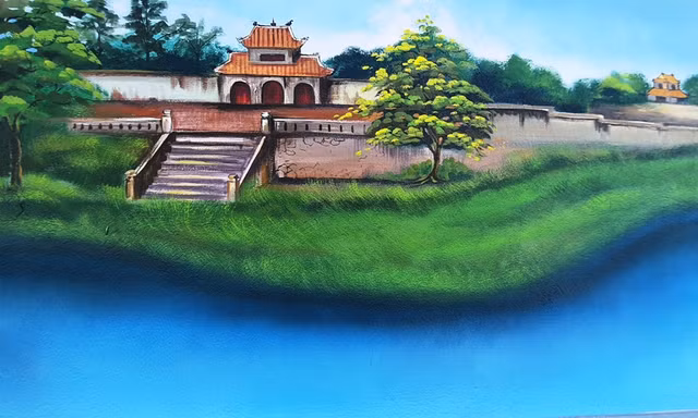 Một phần của bức bích họa về sông Hương dài 300 mét tại Huế. Đây có thể là một kỷ lục hội họa về chủ đề sông Hương.