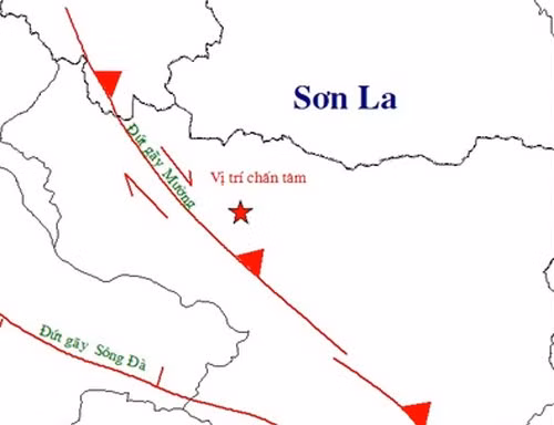  Vị trí tâm chấn động đất huyện Mường La, Sơn La lúc 19 giờ 14. (Nguồn: Viện Vật lý địa cầu) 