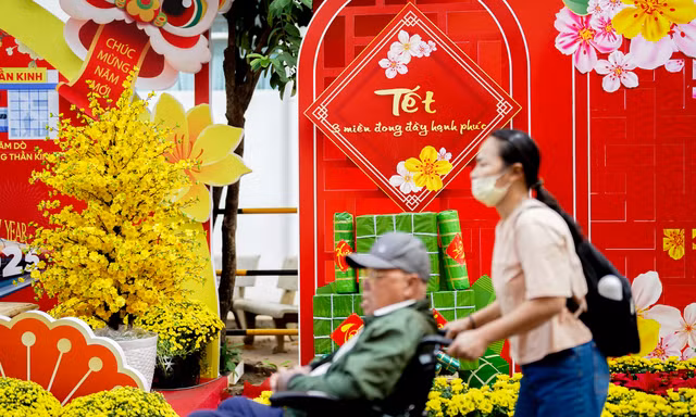 Bệnh nhân ngồi xe lăn ngắm đường hoa đặc biệt trong bệnh viện ngày giáp Tết