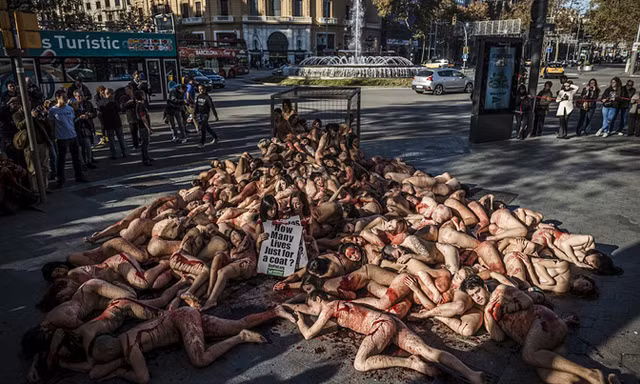 Hơn 100 người khỏa thân ở nơi đông khách du lịch tại Barcelona, Tây Ban Nha. Ảnh: Zuma Wire