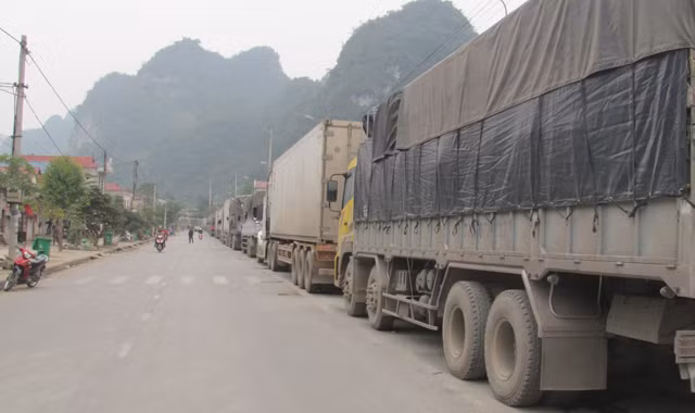 Xe chở hoa quả nằm chờ đến khu vực cửa khẩu Tân Thanh. Ảnh: Duy Chiến