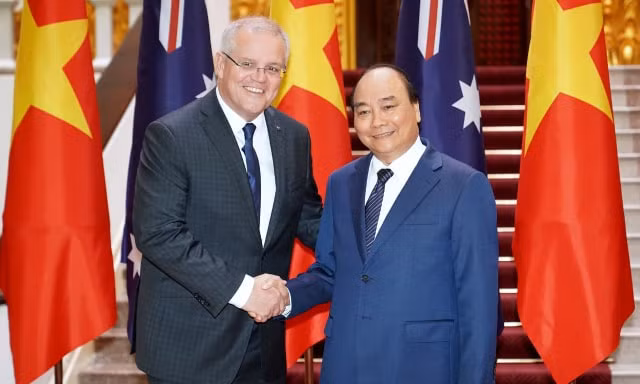 Thủ tướng Nguyễn Xuân Phúc và Thủ tướng Australia Scott Morrison tại Trụ sở Chính phủ. (Ảnh: Như Ý)