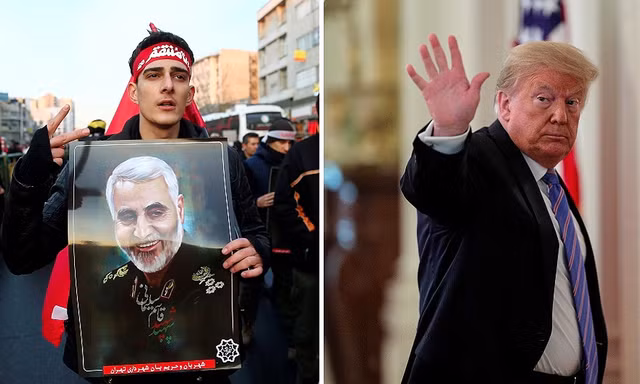 Tổng thống Mỹ Donald Trump (phải) và hình ảnh từ tang lễ Tướng Soleimani (trái). Ảnh: Reuters