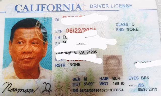 Tấm bằng lái xe giả có ảnh của Tổng thống Philippines.