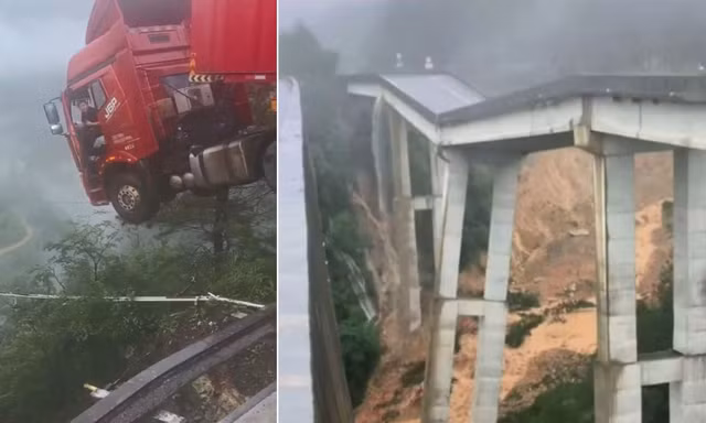 Trung Quốc: Mưa lũ gây sập cầu, tài xế container mắc kẹt trên miệng vực sâu 100m