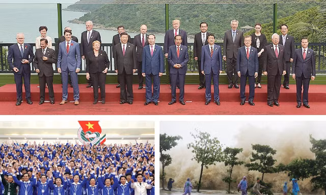 Từ trên xuống, từ trái qua phải: Các nhà lãnh đạo kinh tế APEC chụp ảnh chung tại APEC 2017. Đại hội Đoàn toàn quốc lần thứ XI với nhiều đổi mới. Lịch sử chưa từng có 16 cơn bão đổ bộ vào biển Đông trong một năm như năm 2017. Ảnh: Hồng Vĩnh - CTV.