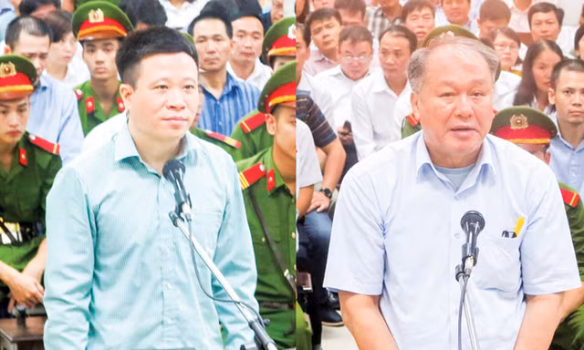 Các bị cáo Hà Văn Thắm (bìa trái), Phạm Công Danh trả lời HĐXX.