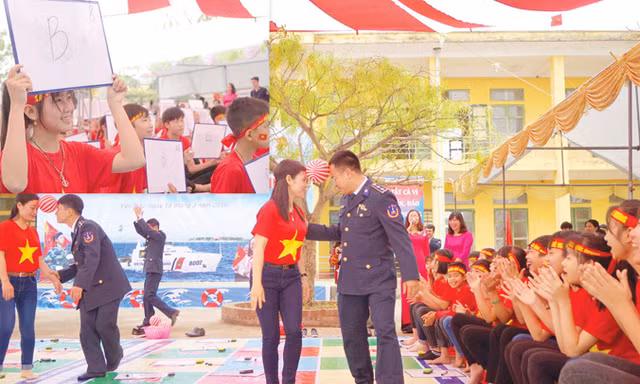 Thầy cô giáo, ĐVTN Cảnh sát biển và các em học sinh trường THCS Yên Bắc (huyện Duy Tiên, Hà Nam) sôi nổi tham gia cuộc thi “Em yêu biển đảo quê hương”. Ảnh: M.L.