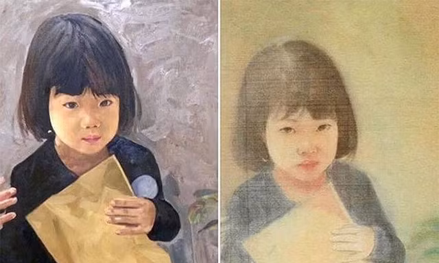 Bức sơn dầu bên phải và bức tranh lụa có chữ ký nghi vấn giả mạo cố họa sĩ Vũ Giáng Hương