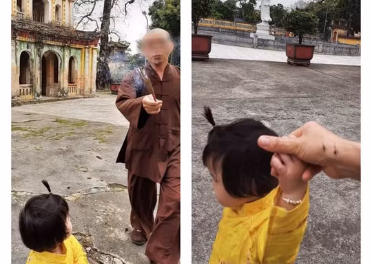 Hình ảnh đại đức Thích Bản Phúc cầm nhang trao đổi với mẹ con chị Yến trong chùa Hưng Khánh ngày 13/3. 