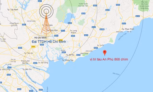 Vị trí tàu An Phú 868 gặp nạn trên biển Vũng Tàu.