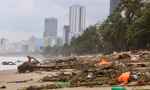 Bờ biển Nha Trang ngập rác sau mưa lũ