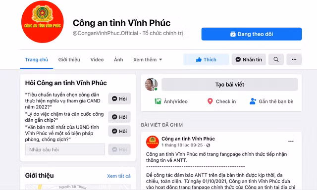 Fanpage của Công an tỉnh Vĩnh Phúc.