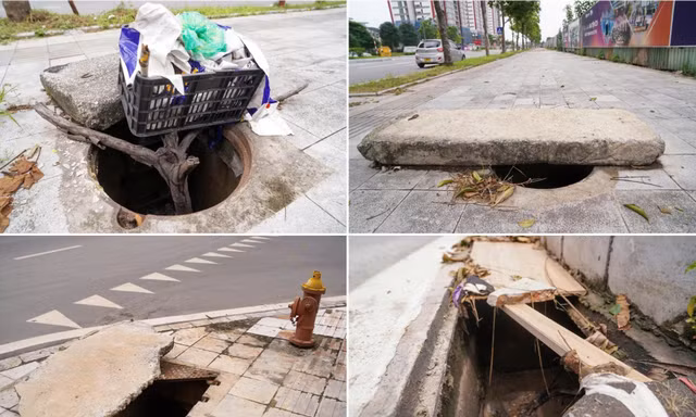 Hàng loạt hố ga không nắp trên tuyến đường mới mở ở Long Biên