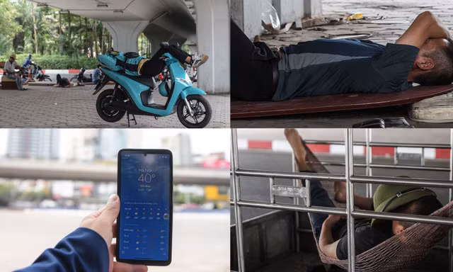 Giữa trưa, người lao động nằm vạ vật dưới gầm cầu để tránh cái nắng như nung