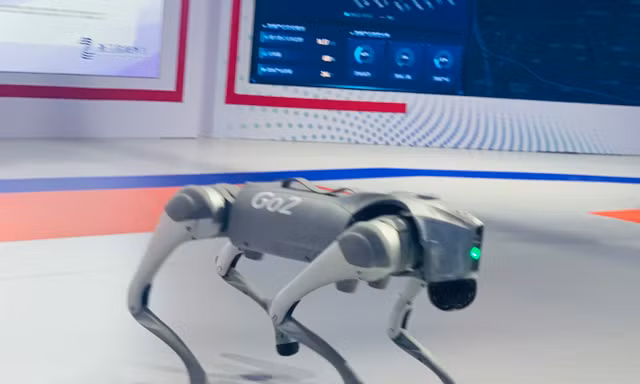 Robot chó đang thể hiện trình độ vận động tại GDTE 2023 ở Hàng Châu, Trung Quốc. Ảnh: Linh Nhi.