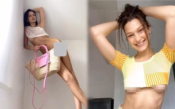 Cách ly ở nhà, Bella Hadid gây sốt với bộ ảnh che thân bằng túi xách chụp FaceTime