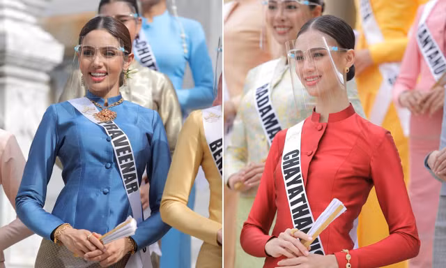 Thí sinh HH Hoàn vũ Thái Lan đeo mặt nạ chống giọt bắn khi tham dự hoạt động ngoài trời