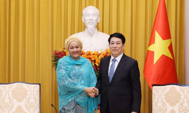 Chủ tịch nước Lương Cường tiếp Phó Tổng Thư ký Liên Hợp Quốc Amina Mohammed. Ảnh: TTXVN