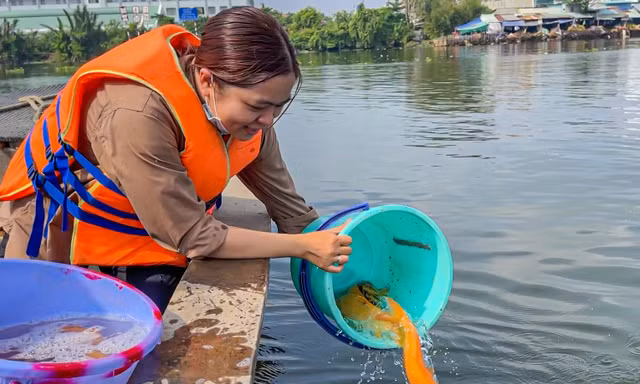 Đi ghe ra giữa sông thả cá phóng sinh