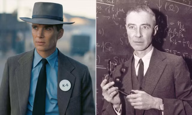 Nam tài tử Cillian Murphy hóa thân vào Oppenheimer (trái) và Oppenheimer ngoài đời thực ảnh: Universal Pictures 