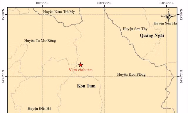 Tâm chấn trận động đất mới nhất xảy ra tại huyện Kon Plông, Kon Tum 