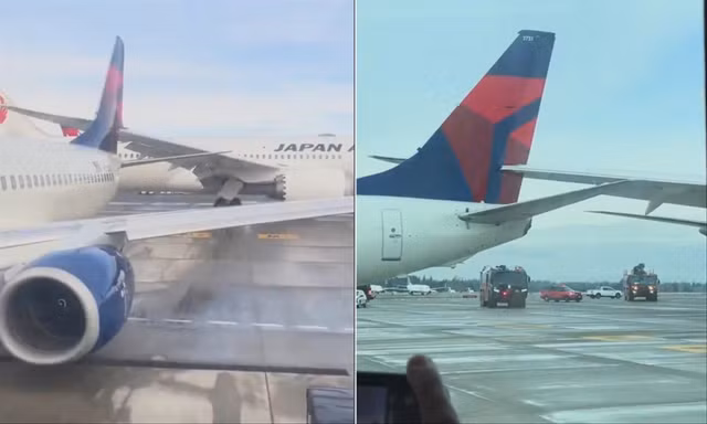  Vụ va chạm giữa hai máy bay của Japan Airlines và Delta Airlines, khiến phần cánh và đuôi máy bay bị mắc kẹt vào nhauẢnh: AP
