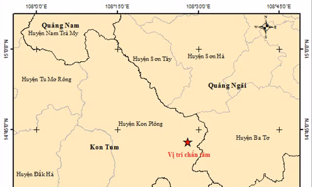 Tâm chấn (dấu sao) trận động đất mạnh nhất tại Kon Tum thời gian qua. Nguồn: Trung tâm Báo tin động đất và cảnh báo sóng thần 