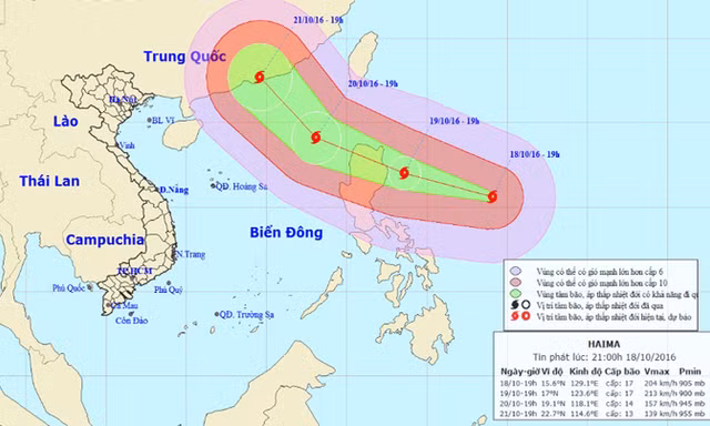 Vị trí và dự báo đường đi của siêu bão Haima. Nguồn: Trung tâm dự báo khí tượng thủy văn Trung ương.