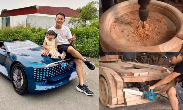 Ông bố Việt "gây sốt" mạng xã hội khi tự tay chế tạo xe Audi bằng gỗ tặng con gái 
