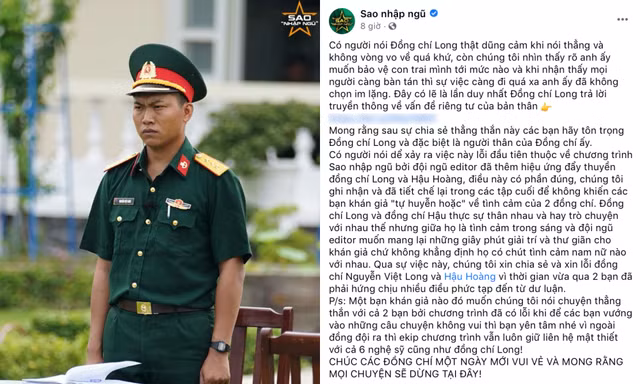 Ê-kíp “Sao Nhập Ngũ” lên tiếng xin lỗi vì đã “đẩy thuyền” Mũi trưởng Long - Hậu Hoàng