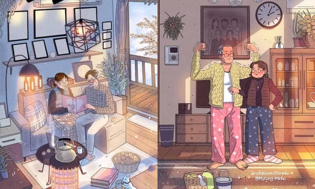 Bộ tranh “Yêu đến già, sống với nhau đến khi thành ông bà” về tình yêu gây xúc động mạnh