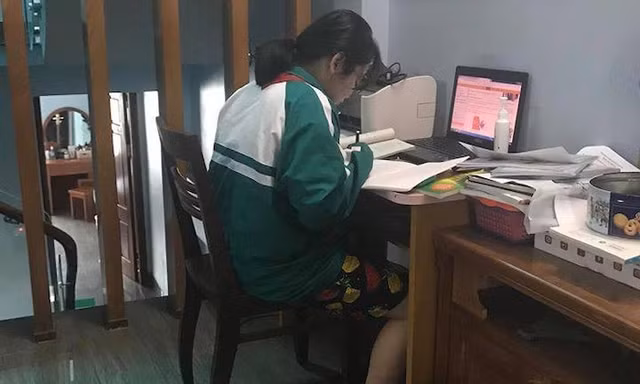 Bạn teen mặc đồng phục, đeo khăn quàng khi học trực tuyến nhận “cơn mưa” lời khen