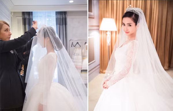 Kết hợp cùng chiếc váy cưới lộng lẫy là voan dài và vương miện kim cương được Huỳnh Hiểu Minh đặt trong một chuyến đi Châu Âu 