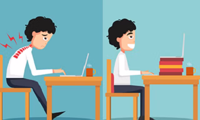 Tư thế ngồi làm việc sai (ảnh trái) dễ gây đau mỏi vai, gáy, lưng và dẫn đến bệnh lý về cột sống. 